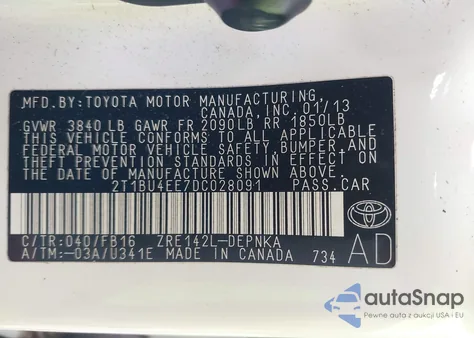 2013 Toyota Corolla Le from USA, damaged, VIN 2T1BU4EE7DC028091